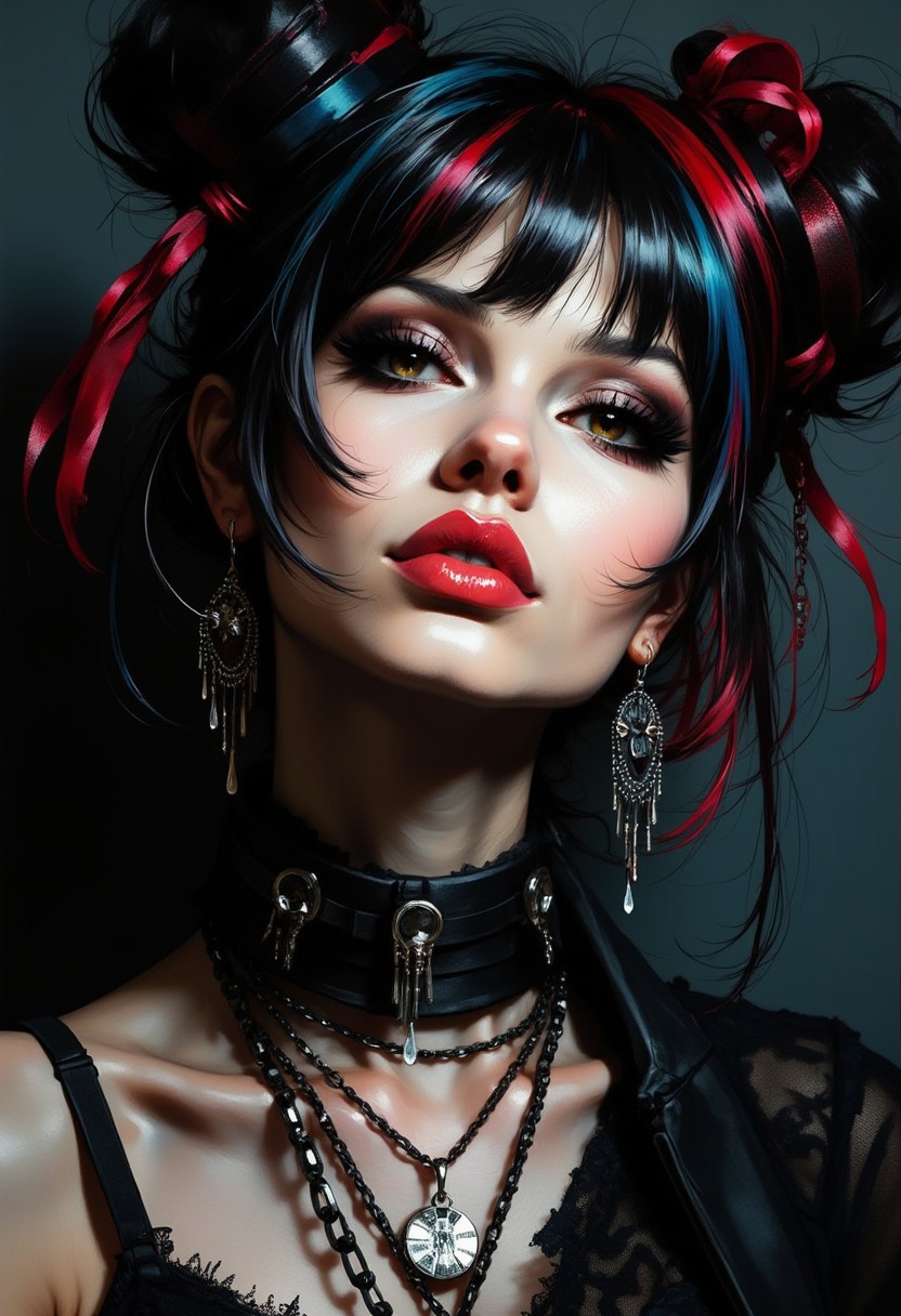 extreme closeup portrait of a goth woman, messy straight-cut cleopatra bob, bangs, multi-tone hair (black with red and blue highlights), long earrings, necklaces, heavy make-up, red lips, dark eyeshadow, dark background