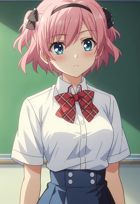 score_9, score_8_up, score_7_up, source_anime, 2d, Sachi Komine, 1girl, pink hair, short hair, blue eyes, medium breasts, black hair ornaments, black hairband, school uniform, red ribbon, anime coloring, anime screencap, detailed eyes, zPDXL, perfect faces, uncensored, rating_explicit, <lora:sachi_komine_0-000035:1>,