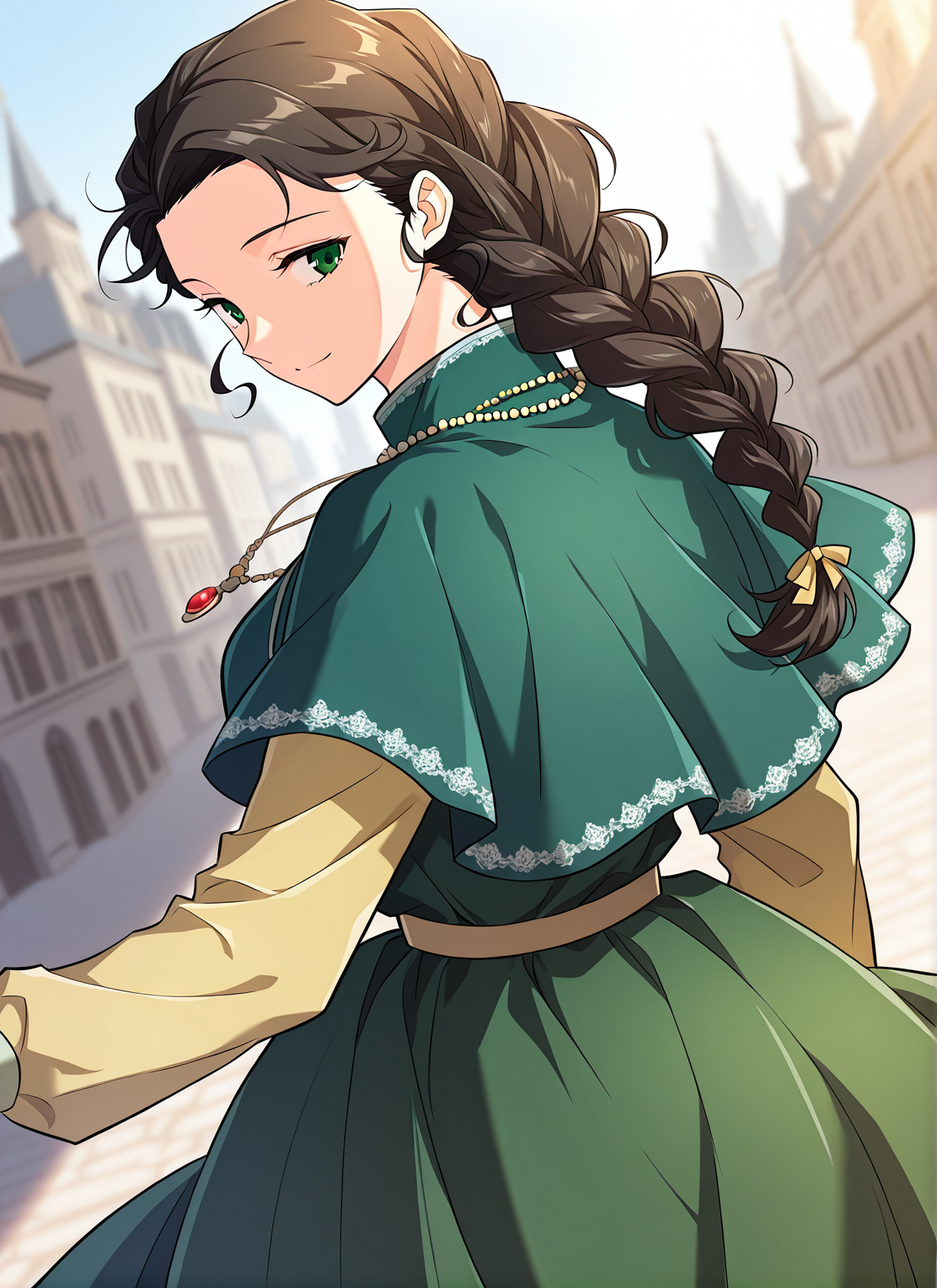 <lora:Silluria_Namaran__The_Greatest_Estate_Designer__Illustrious:1>
1 girl, solo, green eyes, brown hair, black hair, long hair, braid, single braid, braided ponytail, hair over shoulder
green dress, long sleeves, capelet, layered sleeves, short over long sleeves, necklace, jewelry, <lora:DetailedEyes_V3:1>
score_9, score_8_up, score_7_up, very aesthetic, source_anime, detailed, high quality, beautiful, masterpiece, detailed eyes, cityview, blurry background, pose dynamic angle, upper body, cowboy shot, light smile, looking back, reaching out, floating hair