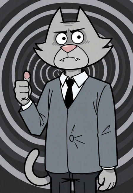 safe_pos, score_9, score_8, score_7, score_6_up, ((1.0:Mayonnaise,) male, solo, furry, cat, grey fur, fangs, pink nose, tail, grey suit, grey coat, black tie, white undershirt, black pants,) 2d, illustration, thick outlines, thumbs up, close-up, face focus, abstract background, black and grey background, spiral background, one hand at side, neutral expression,