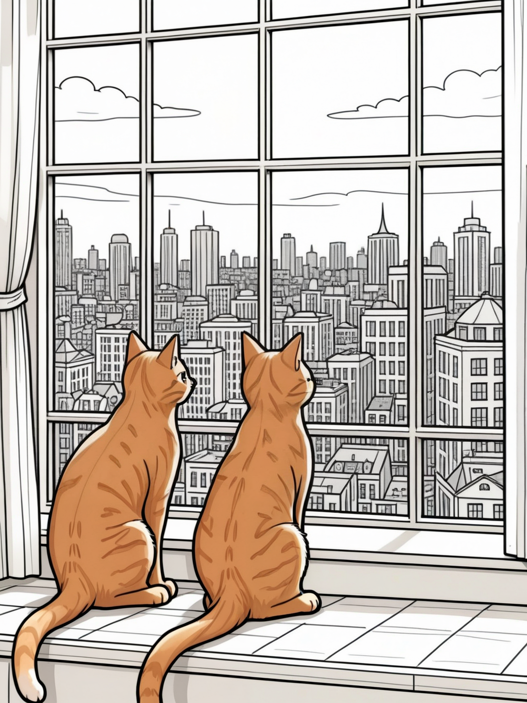 A simple monochrome line drawing for a coloring book.

Photograph of (ginger cats:1.65) at a window. looking out over a tall cityscape. The background is a merging of line drawing style detail. The cats are colored in and beautifully rendered in photographic quality.

<lora:LineDrawing03_CE_XL_300-OT:0.6> lndrwngCE_style