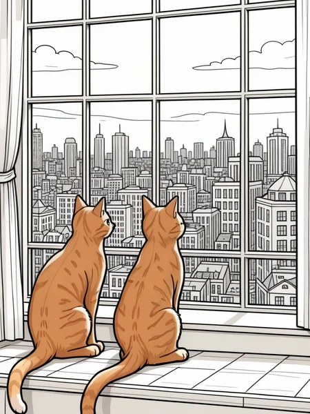 A simple monochrome line drawing for a coloring book.
Photograph of (ginger cats:1.65) at a window. looking out over a tall cityscape. The background is a merging of line drawing style detail. The cats are colored in and beautifully rendered in photographic quality.
<lora:LineDrawing03_CE_XL_300-OT:0.6> lndrwngCE_style