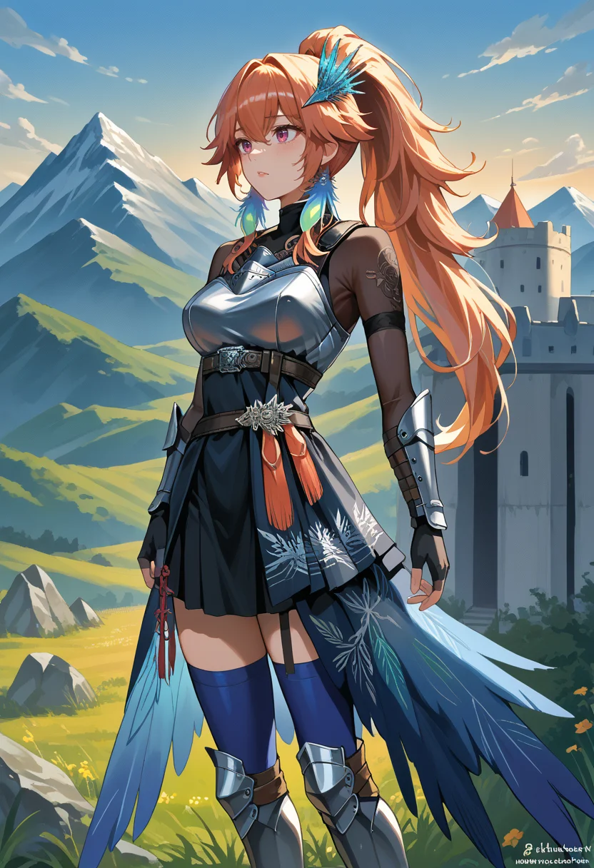 score_9, score_8_up, source_anime, KiaraKnight, long hair, high ponytail, feather earrings, crystal headpiece, layered dress, armored dress, chest belt, high collar, see-through, embroidery, grey gambeson, vambraces, fingerless gloves, waist cape, blue thighhighs, greaves, outdoors, mountains, castle, <lora:ChamTakanashiKiaraV2PonyXL:1>