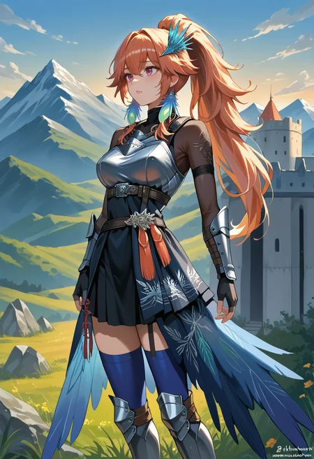 score_9, score_8_up, source_anime, KiaraKnight, long hair, high ponytail, feather earrings, crystal headpiece, layered dress, armored dress, chest belt, high collar, see-through, embroidery, grey gambeson, vambraces, fingerless gloves, waist cape, blue thighhighs, greaves, outdoors, mountains, castle, <lora:ChamTakanashiKiaraV2PonyXL:1>