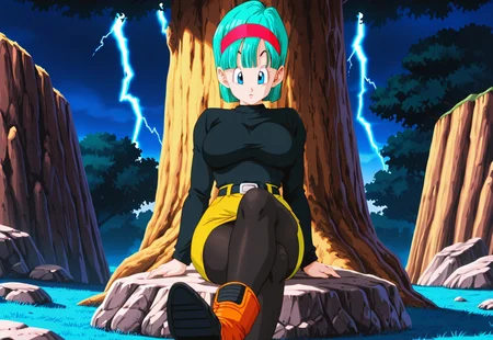 masterpiece, best quality, newest, absurdres, very aesthetic, (1girl, solo, cowboy shot, anime coloring, cinematic lightning,.,bulma, short hair, blue eyes, bangs, stud earrings, aqua hair,  red hairband, eyelashes,  mature female, large breasts, anime screencap,  sitting, bangs, stud earrings, ankle boots, aqua hair, rock, red hairband, black undershirt, black legwear, belt, eyelashes, blue grass, long sleeves, crossed legs, miniskirt, rock, orange footwear, raised eyebrows,  two tone footwear, shoe soles, yellow skirt, pantyhose,   ),Sitting on a big tree,grabbing Owen breasts,deep breasts grab