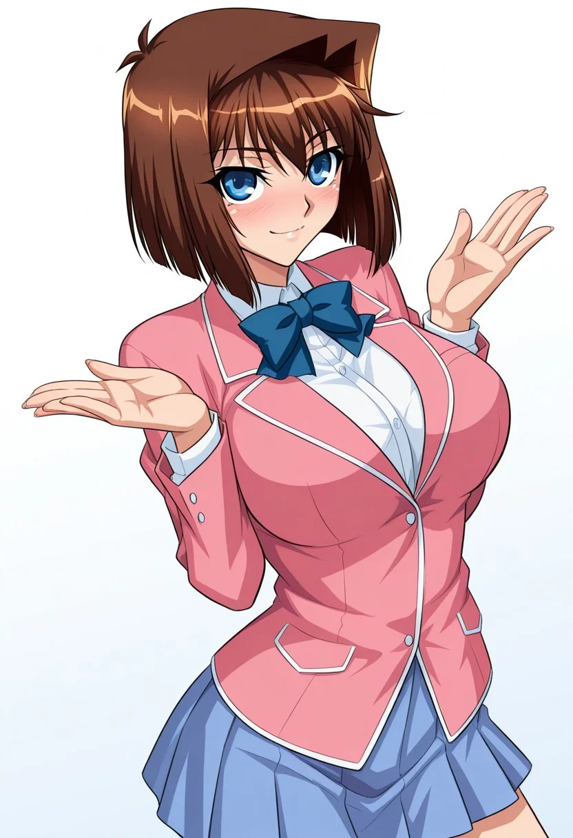 masterpiece, best quality, amazing quality, very aesthetic, absurdres, kagami_hirotaka, BREAK
1girl, solo, mazaki_anzu, big eyes, blonde hair, blue eyes, large breasts, dress shirt, pink blazer, blue bowtie, blue pleated skirt, BREAK 
looking at viewer, blush, smile, sexy pose, cowboy shot, white background,