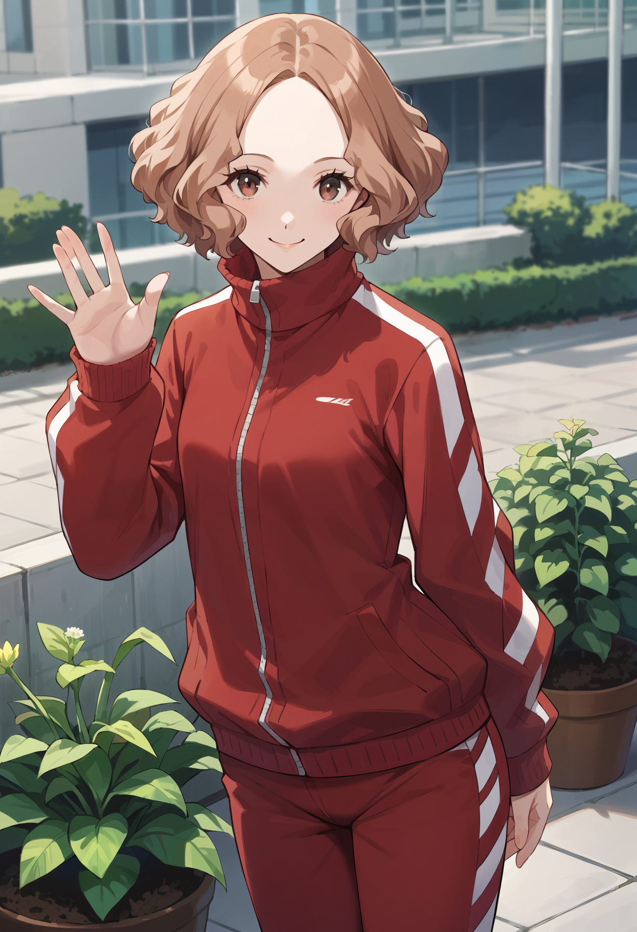 score_9, score_8_up, source_anime
1 girl, solo, cute face,
p5haru, brown hair, short hair, wavy hair,
p5haru-track, red track suit, track suit, red jacket, red pants, stripes, striped sleeves, sleeves past wrists, long sleeves, zipper, striped pants, 
rooftap garden, cityscape, planters, plants, grenery, standing, looing at viewer, smile, waving,
masterpiece, best quality, ultra detailed,