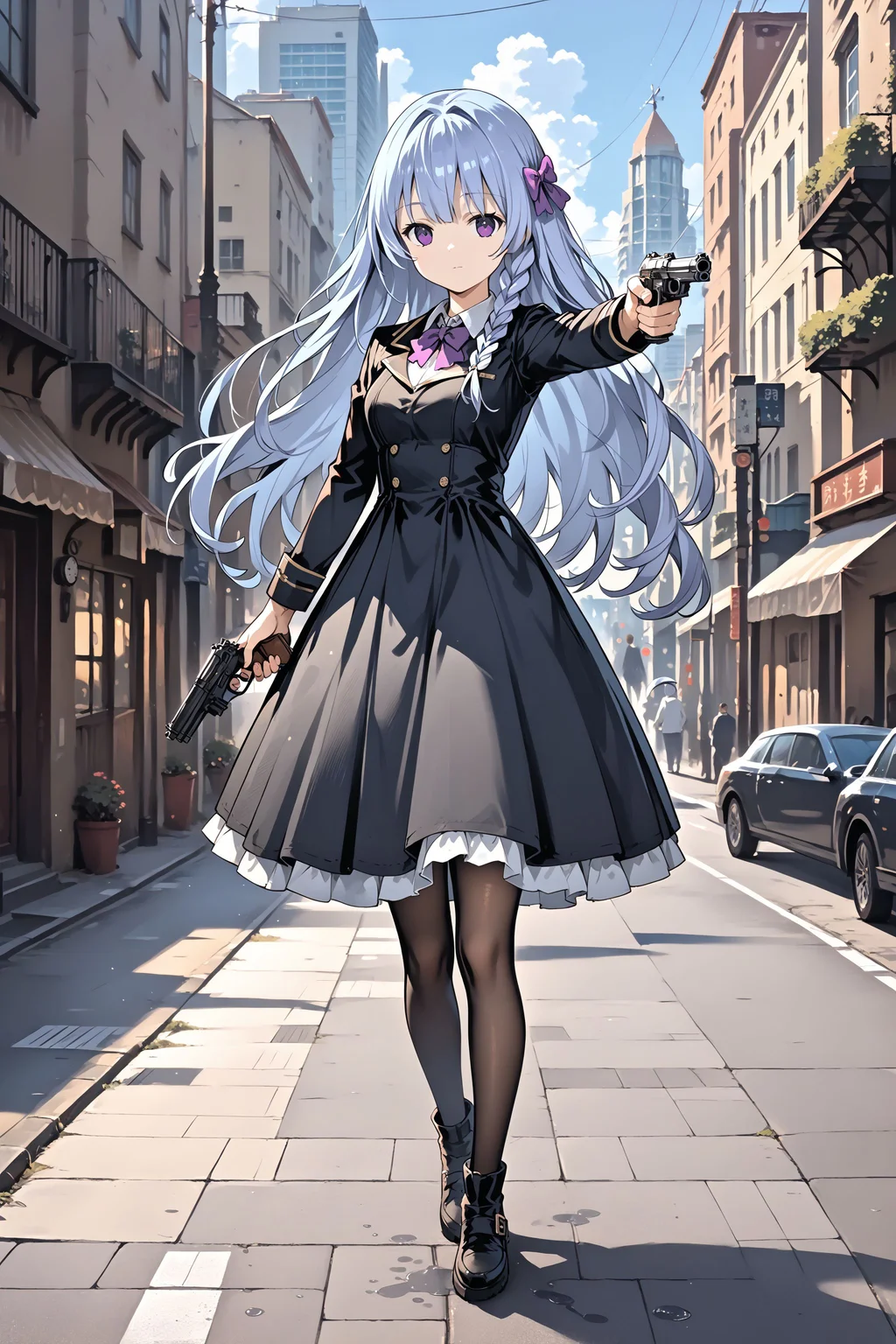 score_max, (score_9, score_8_up, score_7_up:1.2), score_6_up, official art, source_anime,
, masterpiece, absurdres, high detail, 8k,
after rain, city, street, steampunk,
holding gun, handgun, aiming at viewer, expressionless, looking at viewer,
pixel art, felicette, hair bow, purple bow, black dress, collared shirt, long sleeves, black pantyhose, black footwear
<lora:XL_Pony_game-marfushasg-felicette-t1:1>