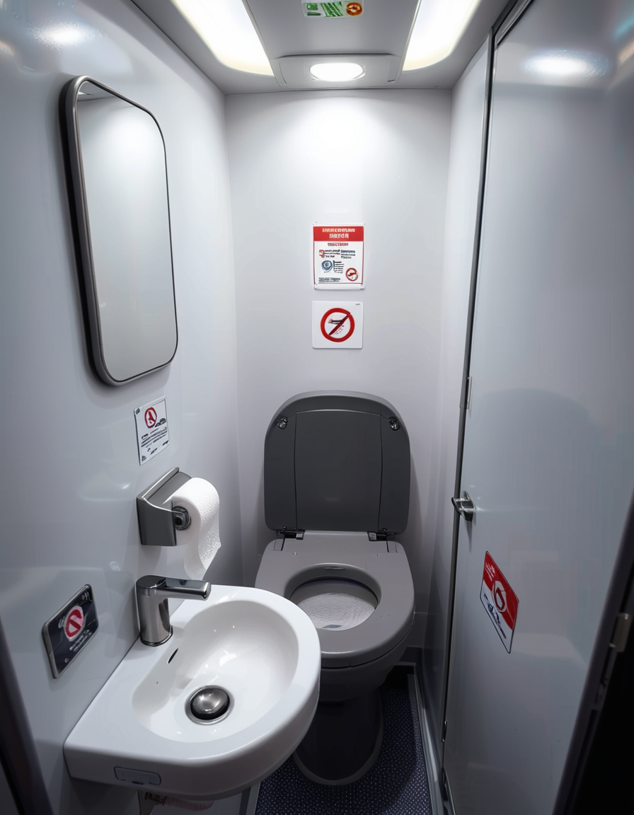 A highly detailed and realistic photograph of an airplane lavatory. The small, compact space features light gray plastic walls with subtle texture, a stainless-steel sink with a motion-sensor faucet, and a mirror reflecting the narrow interior. The toilet is sleek, with a closed lid and a small instruction sticker on top. A soft, dim overhead light illuminates the space, creating a sterile yet functional atmosphere. On the side, a dispenser for paper towels and a built-in trash compartment are visible. The door has a small lock mechanism and an 'Occupied' sign. The floor is dark, non-slip material, and there are small signs with safety instructions in multiple languages. The perspective is slightly wide-angle, capturing the entire space from a slightly tilted angle, emphasizing the compact design. 
<lora:SDXLFaeTastic2400:0.4> <lora:extremely_detailed:0.4> extremely detailed,<lora:airplane_l4v4t0ry:1>,airplane l4v4t0ry, Masterpiece,best quality,hi res,8k,hi res,8k,award winning,(sharp focus, intricate, highly detailed),