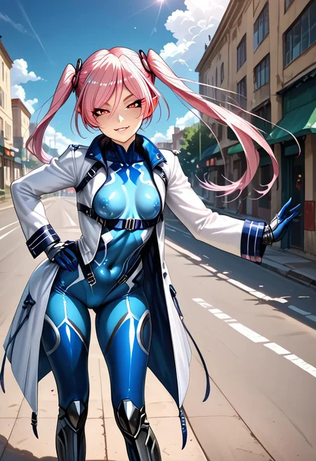 <lora:(felicia_taimanin)>, vampire fangs, long nails, flat chest, red eyes, pink hair, petite,
<outfit_set:(outfit_set_taimanin_bodysuit_and_coat)>, blue bodysuit, white coat,
<hair_style:(huge_long_twin_tails)>,
<view:(side_view)>,
<game_cg, ai_generated, score_9, score_8_up, score_7_up, score_6_up, masterpiece, best quality, newest, amazing quality, highres, intricate details, ultra-detailed, wind effect, hot illumination, clouds, walls, shadows, streets, photo background, detailed background, accurate wind effect, accurate shadows, accurate hands, translucent eyes>,
<looking at viewer, in front of viewer, hand open in front of mouth, hand closed on hip, standing, bent over, lips, mouth, closed teeth, wide mouth, smug face, sneer, curvy, half closed eyes>