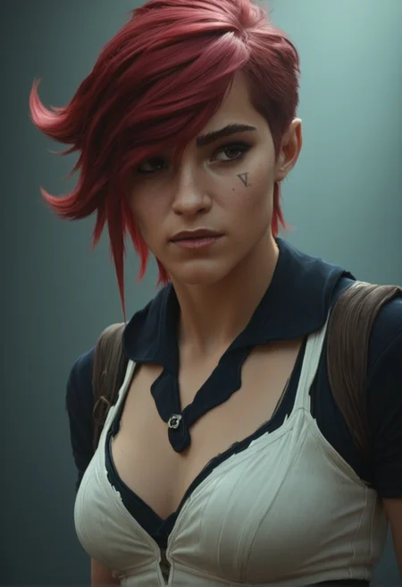 masterpiece, high quality, ALVi, 1girl, pink hair, short hair, face tattoo, sexy pose, photorealistic, film grain, ultra realistic, shallow depth of field, detailed background, dynamic angle, volumetric lighting,