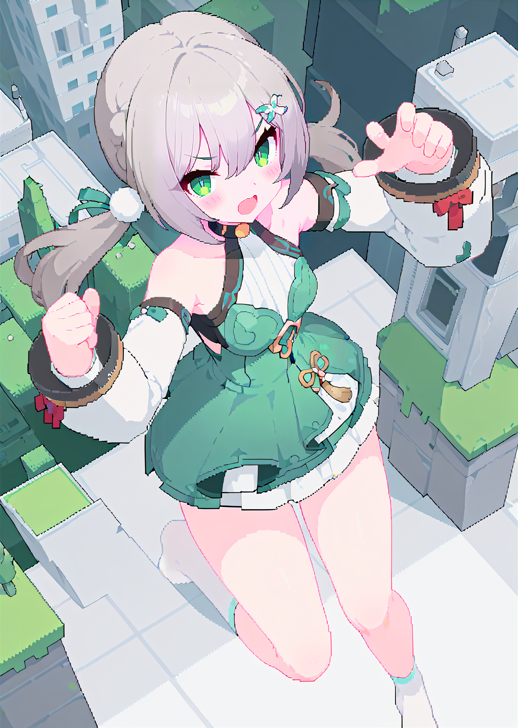 high quality, masterpiece, solo,
fighting stance,  standing, from above, standing on one leg, 
digital art, city,pixel art,
1girl, green eyes, :d,>_<, blush,    
grey hair, twintails, pom pom hair ornament,
detached sleeves, long sleeves,
green dress, 
(bare legs),
white socks,
no shoes,  full body, 
<lora:qingque60-you-014:0.65>
<lora:a31_style_koni-000010:1>