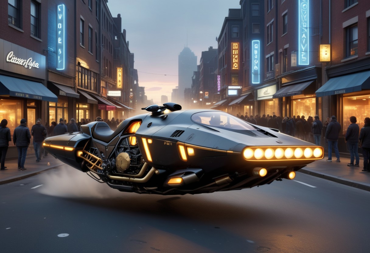 cinematic lighting, night time, volumetric light, imax, dslr, highly detailed, sci-fi, science fiction, cyberpunk, vehicle, black and brass science fiction hovering industrial hoverbike in crowded downtown streets, pilot, sunset, soft lighting, Hovering motorcycle, wheelless motorcycle, no wheels, after burner, jet propulsion, volumetric fog, dystopian vibes, dutch angle, cinematic angle