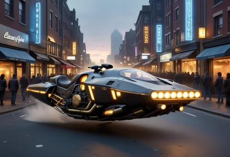 cinematic lighting, night time, volumetric light, imax, dslr, highly detailed, sci-fi, science fiction, cyberpunk, vehicle, black and brass science fiction hovering industrial hoverbike in crowded downtown streets, pilot, sunset, soft lighting, Hovering motorcycle, wheelless motorcycle, no wheels, after burner, jet propulsion, volumetric fog, dystopian vibes, dutch angle, cinematic angle