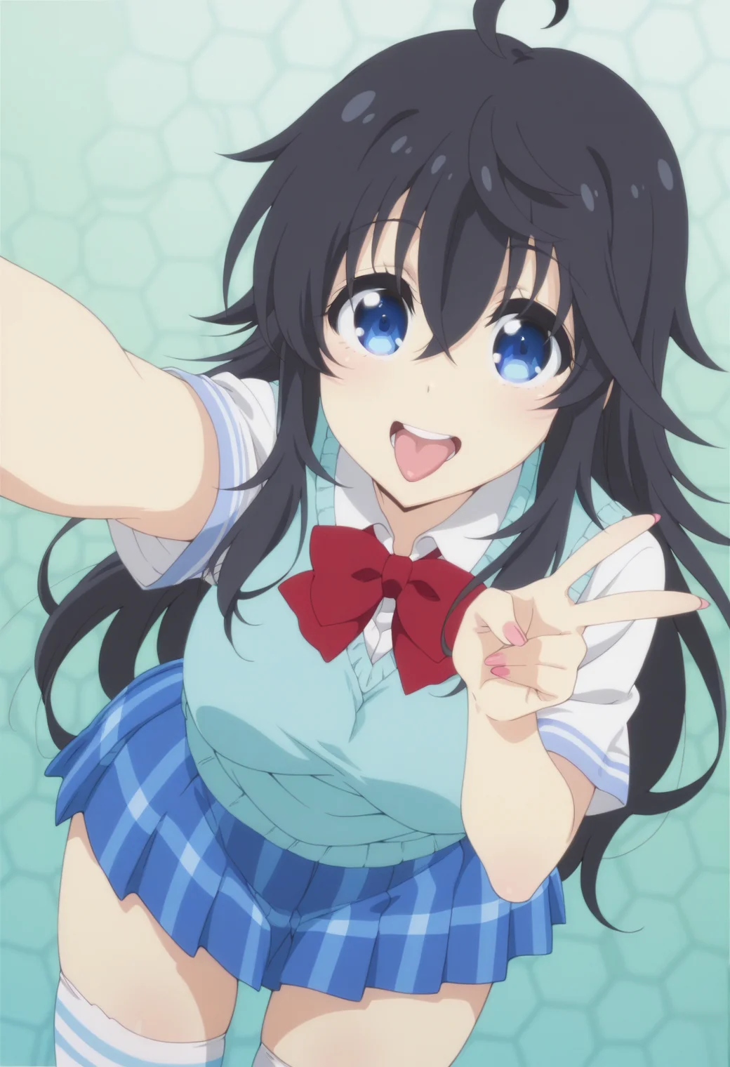 anime screencap, anime coloring,  <lora:DX888Ako:1> tamaki ako, blue eyes, black hair, very long hair, hair between eyes, ahoge, BREAK  school uniform, sweater vest, white shirt,  red bowtie, plaid skirt, blue skirt, thighhighs, BREAK simple background, green background,  honeycomb background, BREAK   1girl, :d, cowboy shot, double gyaru v, gyaru v, looking at viewer, open mouth, smile, solo, standing, tongue out, (dutch angle:1.2), bent over,