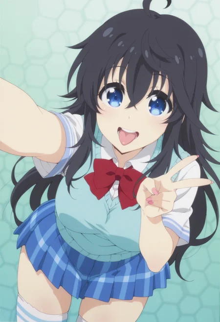 anime screencap, anime coloring,  <lora:DX888Ako:1> tamaki ako, blue eyes, black hair, very long hair, hair between eyes, ahoge, BREAK  school uniform, sweater vest, white shirt,  red bowtie, plaid skirt, blue skirt, thighhighs, BREAK simple background, green background,  honeycomb background, BREAK   1girl, :d, cowboy shot, double gyaru v, gyaru v, looking at viewer, open mouth, smile, solo, standing, tongue out, (dutch angle:1.2), bent over,
