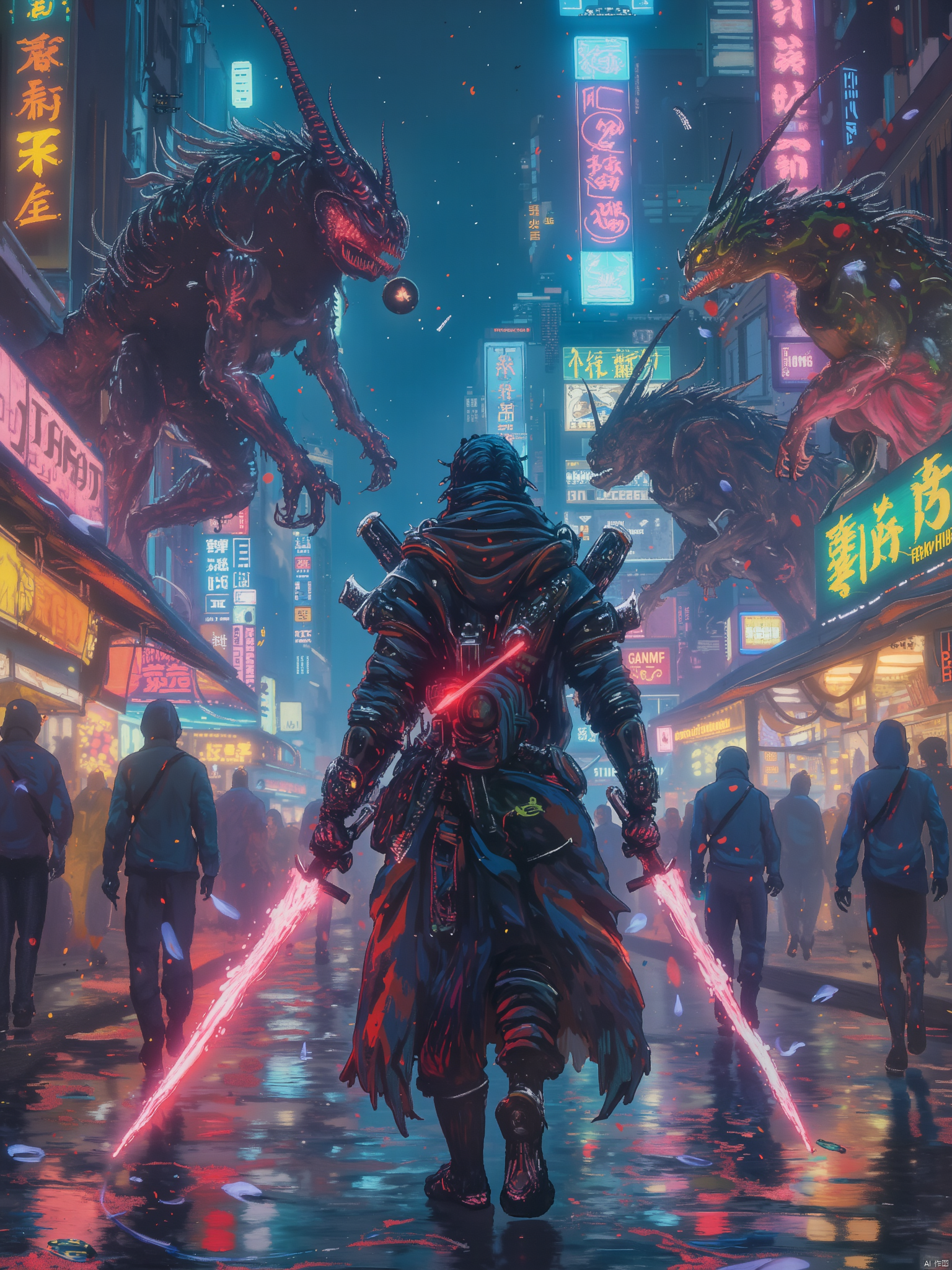 OByouhua,
A cybernetic warrior battles against a horde of mutant creatures in a neon-lit city. His weapons are a combination of high-tech gadgets and enchanted blades. As the fight rages on, he must use both his skills and his courage to survive.
