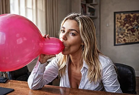 score_9, score_8_up, score_7_up, masterpiece, high quality, realistic, raw lighting, detailed face, detailed eyes, (warm colors, bokeh, Natural skin), blonde,office worker, (((blowing up a huge balloon, overinflating))), buisiness attire, breats hanging out, saggy breasts, erect nipples, detailed areolae, bending over desk,[high angle], (from side:0.6)
(looking at viewer).
((raw lighting, overexposed, harsh flash, strong shadows, hard shadows, dim background)))
