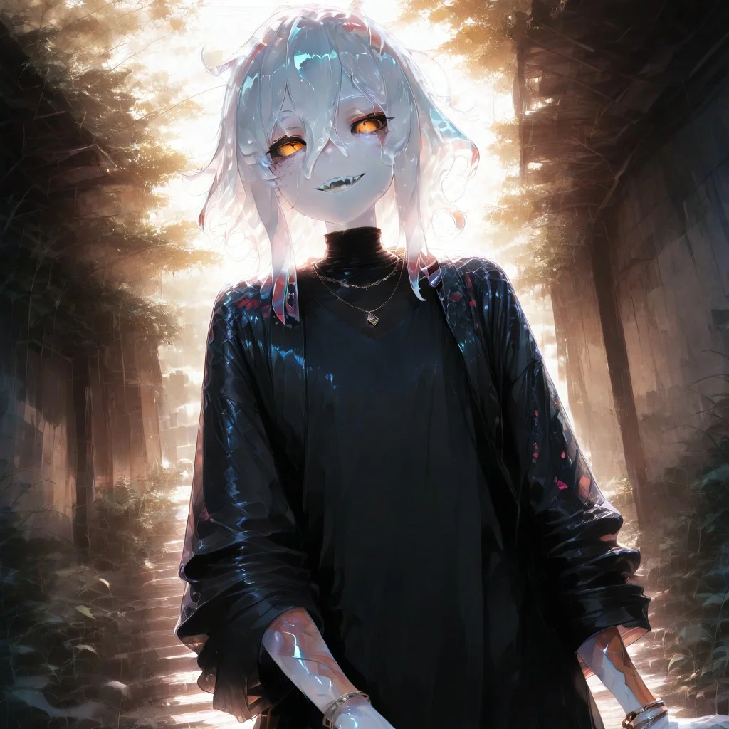 masterpiece, best quality, amazing quality, very aesthetic, absurdres, 1femboy, solo,
fish boy with fins, white skin, short messy hair,glass hair, white hair, iridescent highlights, black sclera, amber eyes, iridescent eye shadow, sharp teeth, flat chest, black coat, orange tattoos, freckles, fish scales, fish scale coat, rolled up sleeves, black high neck croptop, necklaces, bracelets , white pupils, slime hair, slime skin, white pupils, fishnets