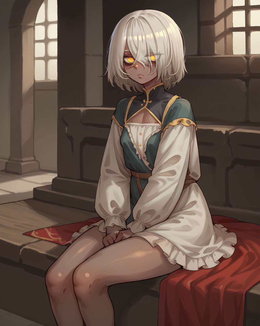 score_9, score_8_up, score_7_up, source_anime, 1girl, sitting, dark skin, white hair, yellow eyes, solaria_(ebonyxh),  <lora:solaria_ebonyxh:0.8>
