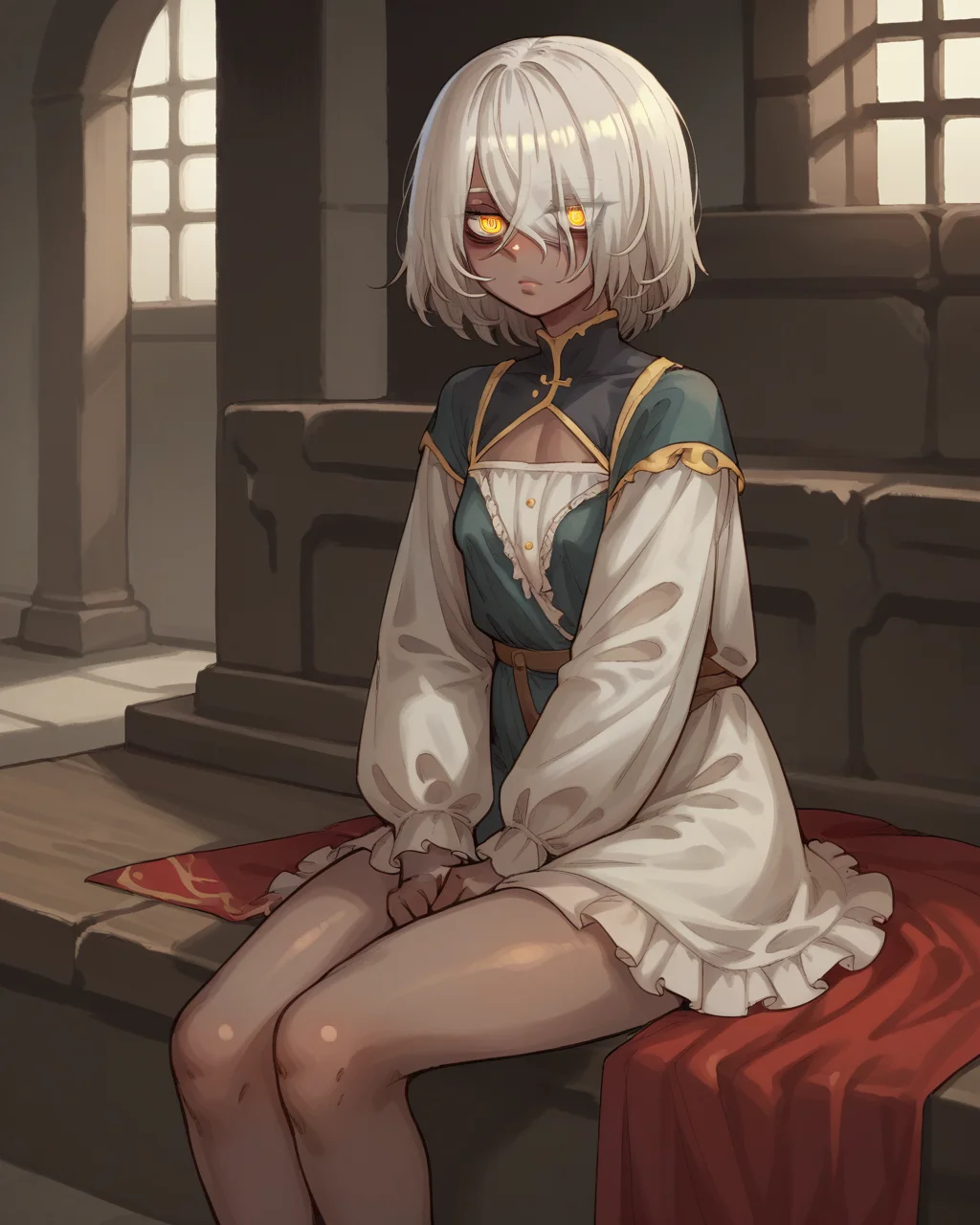 score_9, score_8_up, score_7_up, source_anime, 1girl, sitting, dark skin, white hair, yellow eyes, solaria_(ebonyxh),  <lora:solaria_ebonyxh:0.8>