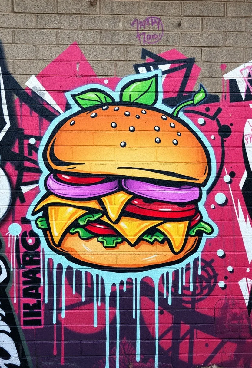 Graffiti style of a tasty hamburger, street art, mural, high quality, high resolution