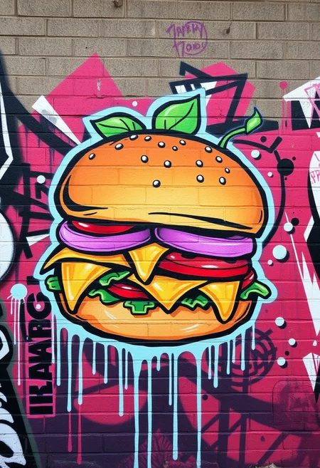 Graffiti style of a tasty hamburger, street art, mural, high quality, high resolution