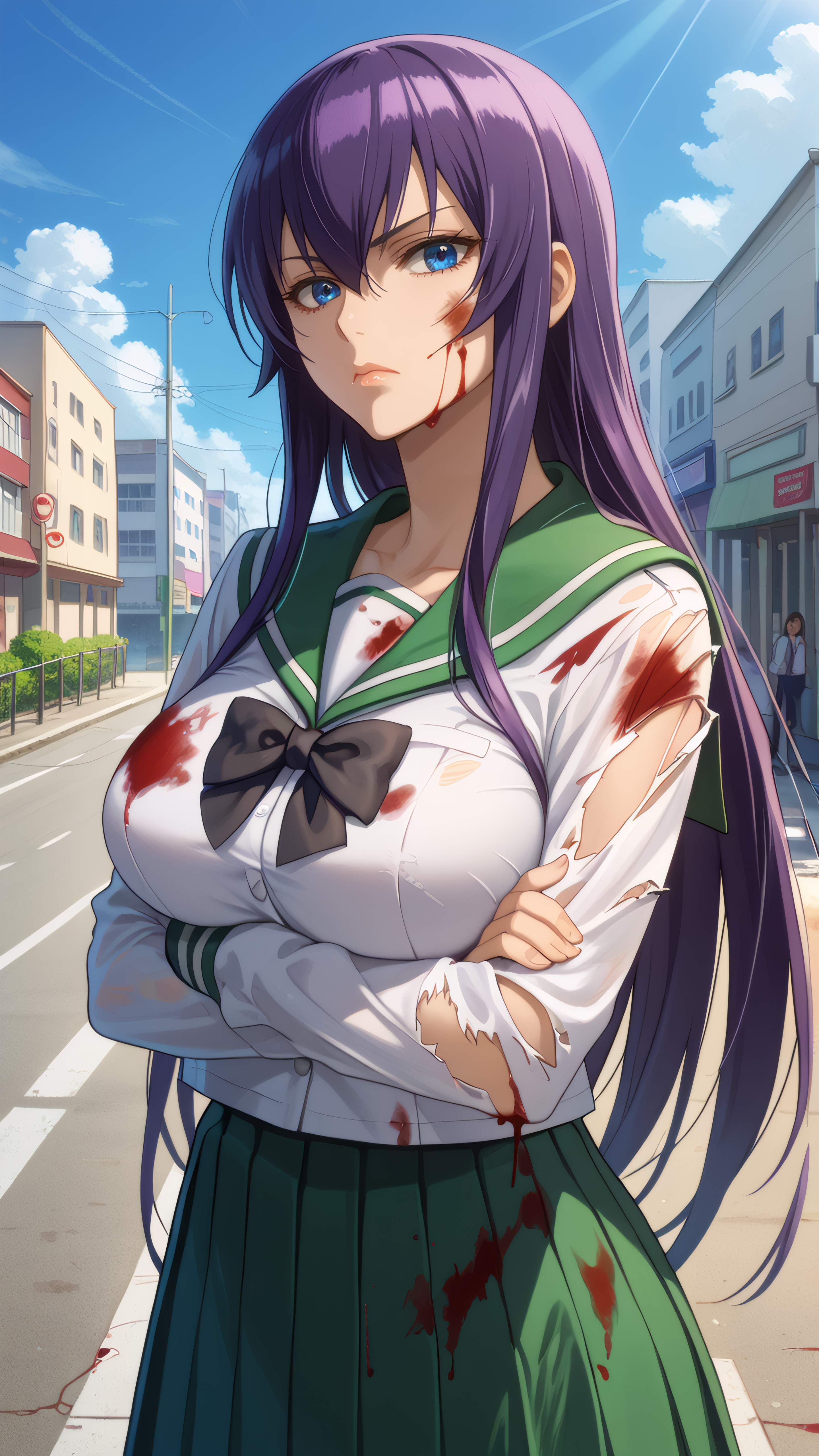 score_9, score_8_up, score_7_up, 1girl, looking at viewer, cowboy shot, close-up, upper body, 
<lora:Saeko_Busujima_Dwnsty_r1:0.8>, saeko_busujima, purple hair,  blue eyes, long hair, hair between eyes, school uniform, serafuku, green skirt, long skirt, pleated skirt, black bowtie, 
lips, expressionless, large breasts, skindentation,  mature female, crossed arms, bokken, holding weapon, torn clothes, fighting stance, blood on face, blood on clothes, 
outdoors, street, sunlight, blue sky, highway,