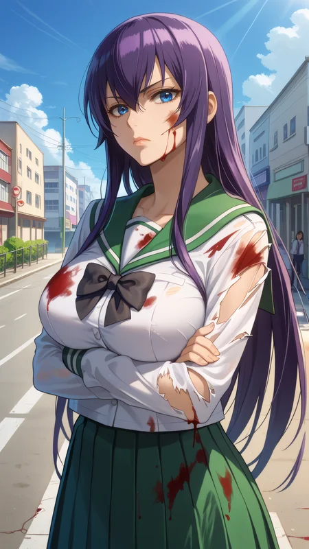 score_9, score_8_up, score_7_up, 1girl, looking at viewer, cowboy shot, close-up, upper body,
<lora:Saeko_Busujima_Dwnsty_r1:0.8>, saeko_busujima, purple hair, blue eyes, long hair, hair between eyes, school uniform, serafuku, green skirt, long skirt, pleated skirt, black bowtie,
lips, expressionless, large breasts, skindentation, mature female, crossed arms, bokken, holding weapon, torn clothes, fighting stance, blood on face, blood on clothes,
outdoors, street, sunlight, blue sky, highway,
