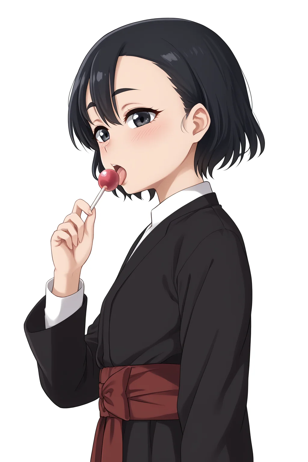 zPDXLpg, 1girl, solo, half-closed eyes, blush, tongue out, licking lollipop using tongue, seductive, upper body, focus face, young, from side,
<lora:koganei_koito_XL-bf16-pony-v1:1> koganei_koito, short hair, black hair, black eyes, swept bangs, small breasts,, <lora:hand 4:1> Hand, five fingers,,