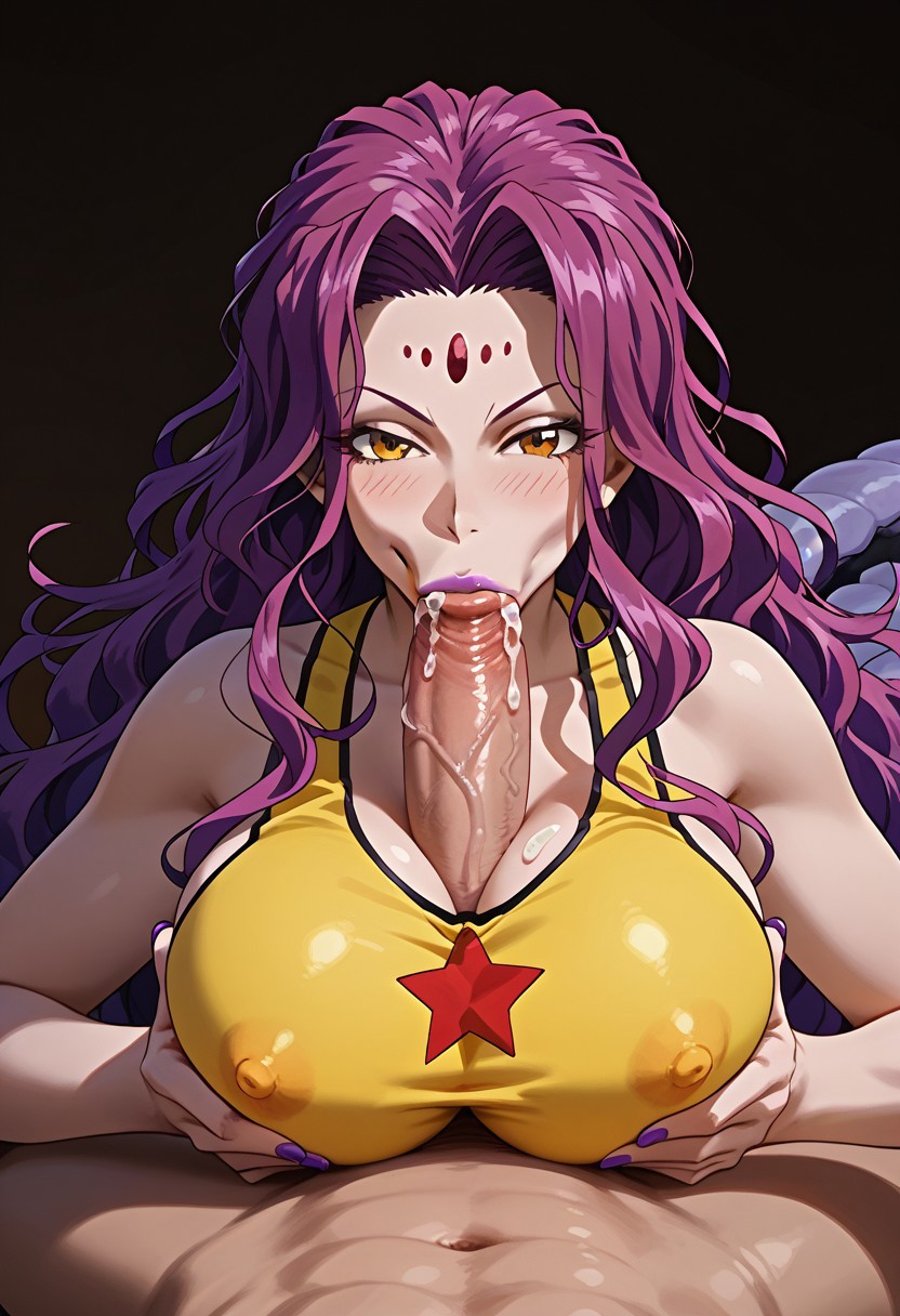 1girl, 1boy, big penis, human male, male pov, front view, penis under female clothes, penis under cleavage, monster female, paizuri, clothed female nude male, squeezing breasts, breasts grab, erect nipples, long nipples, nipple bulge, looking at viewer, penis between breasts, shiny breasts, pre-cum, deepthroat, blowjob, fellatio, oral, Score_9, Score_8_up, Score_7, masterpiece, 8k, intricate details, ultra detailed, hyper detailed, ultra detailed hair, ultra detailed face, ultra detailed hair, ultra detailed body, zazan, purple hair, colored skin, purple lips, navel, star (symbol), long hair, yellow bikini, facial mark, foerehead mark, yellow eyes, makeup, lipstick, swimsuit, tail, wavy hair, large breasts, boots, purple footwear, bikini, crop top, tank top, clothed female nude male