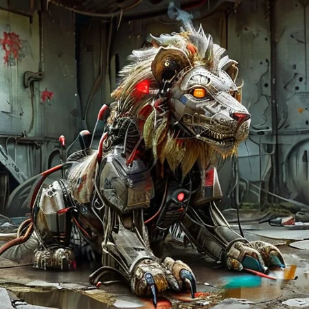 a robot lion in an abandoned dystopian zoo, an automated audience driving by belts and gears scratches and squeaks as it's motors spark and smoke, animatronics, , ral-crztlgls <lora:ral-crztlgls:1> <lora:Dystopia:1>