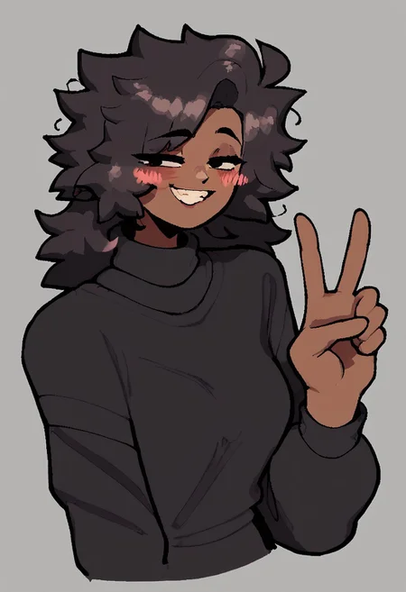 score_9, score_8_up, score_7_up, 1girl, mestizo skin, dark skin, black hair, simple background, black sweater, turtleneck, smiling, blushing, long hair, messy hair, by theelgenerate, peace sign