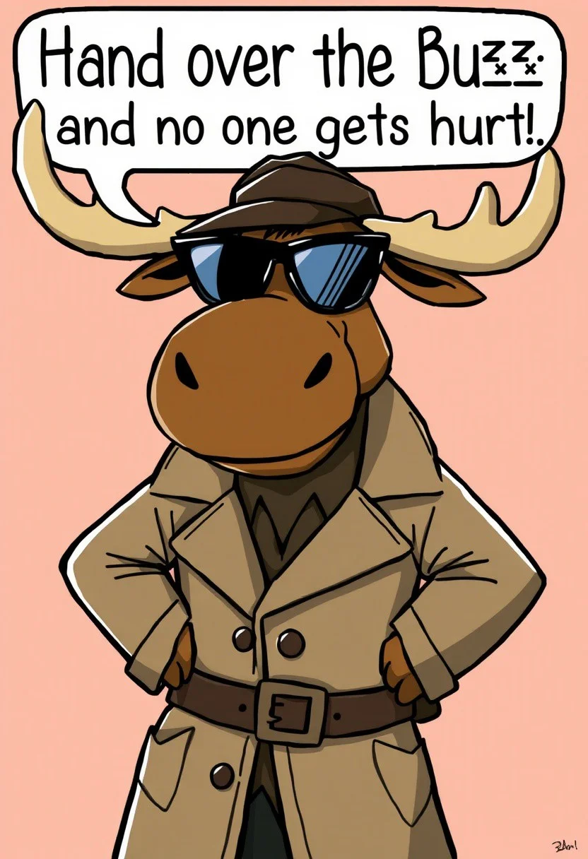 Cartoon Moose detective wearing a trenchcoat and dark shades, saying "Hand over the Buzz and no one gets hurt!"