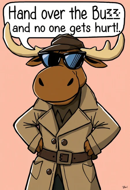 Cartoon Moose detective wearing a trenchcoat and dark shades, saying "Hand over the Buzz and no one gets hurt!"