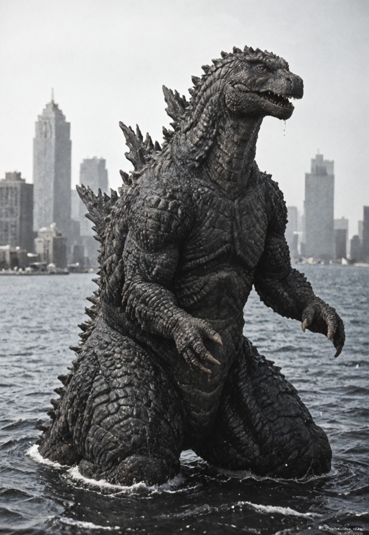 score_9, score_8_up, score_7_up, solo, portrait, from side, 1man, giant dinosaur reptilian monster Godzilla, spines, feral, realistic scales, detailed scale texture, solo, outdoors, out of the ocean, partially submerged, wading through the water, miniature city, building miniatures in the background, solo, full body, solo, extremely detailed, Macro detailed realism style photograph, 3DMM, monochrome, black and white, old photograph
