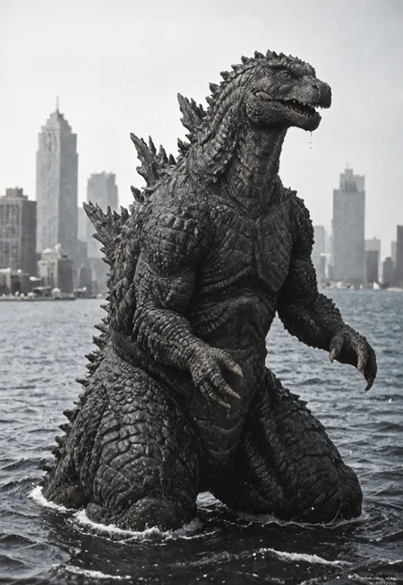 score_9, score_8_up, score_7_up, solo, portrait, from side, 1man, giant dinosaur reptilian monster Godzilla, spines, feral, realistic scales, detailed scale texture, solo, outdoors, out of the ocean, partially submerged, wading through the water, miniature city, building miniatures in the background, solo, full body, solo, extremely detailed, Macro detailed realism style photograph, 3DMM, monochrome, black and white, old photograph