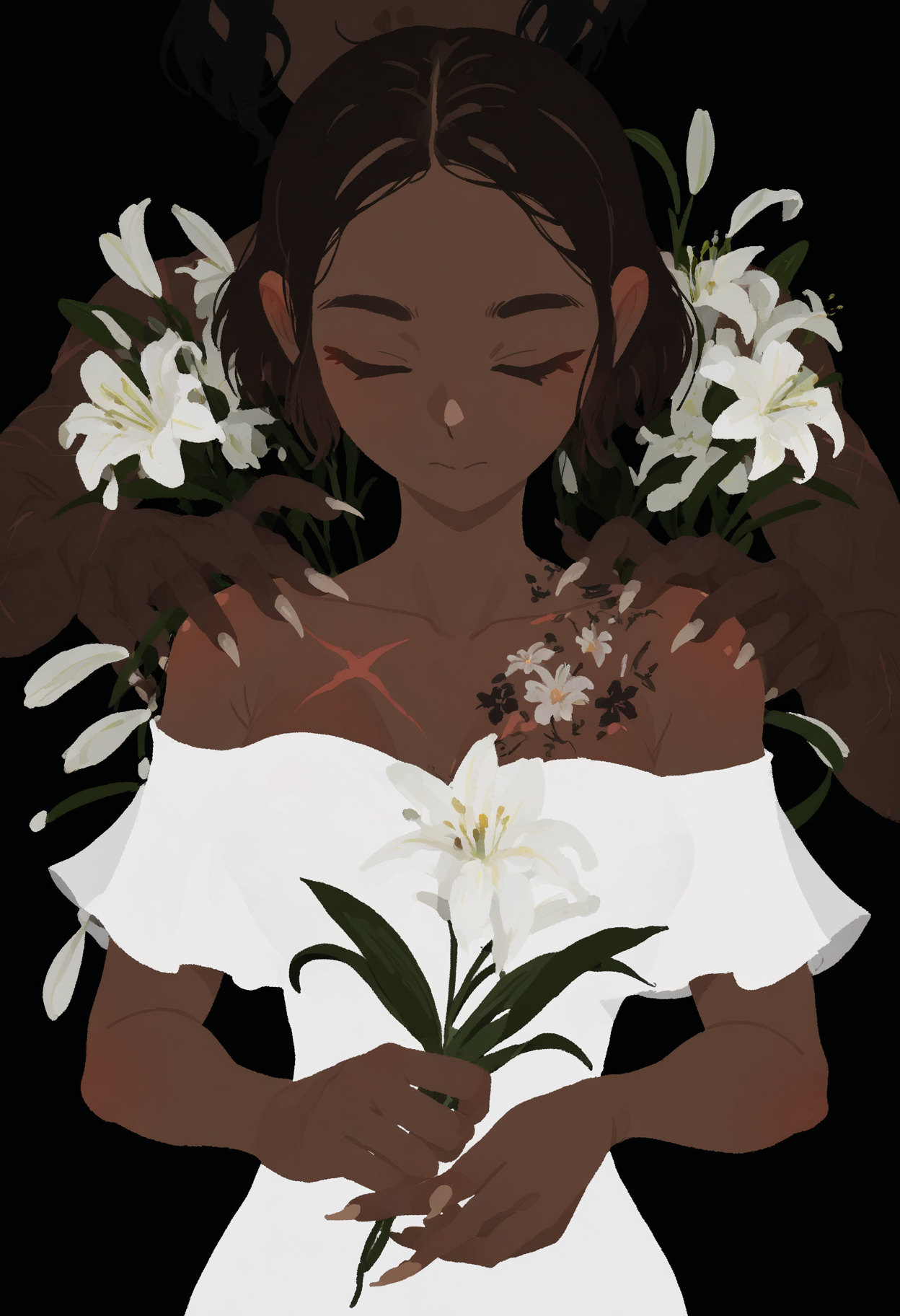 masterpiece,best quality,highres, no lineart, flower, dark skin, holding flower, holding, short hair, 1girl, white flower, tattoo, black hair, lily (flower), white dress, dress, black background, dark-skinned female, fingernails, closed mouth, petals, claws, solo focus, off shoulder, dark-skinned male, 1boy, hand on another's shoulder, bare shoulders, scar, out of frame, collarbone, upper body, brown hair, scar on chest, facing viewer, sharp fingernails, long fingernails, off-shoulder dress, breasts, dark background
<lora:torikun_noobai:1>