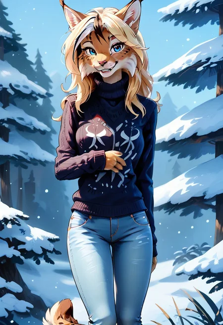 digital_media_(artwork) hi_res, score_9, score_8_up, score_7_up, score_6_up, score_5_up, score_4_up, rating_safe, beautiful, anthro, furry, female, detailed textured fur, fur tufts, fluffy, slim, slender, cute, sweater, baggy denim jeans, beautiful blue eyes, detailed eyes, smile, solo, SFW, lynx, long blonde hair, multicolored hair, streaked hair, absurdres, highres, SimaoP,