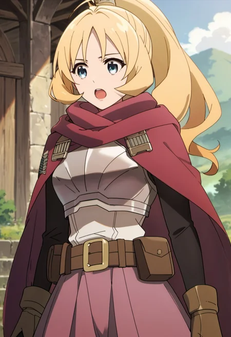 score_9, score_8_up, score_7_up, source_anime, rina rupaage, blonde hair, ponytail, blue eyes, 1girl, solo, open mouth, belt, armor, skirt, long hair, cape, breastplate, outdoors