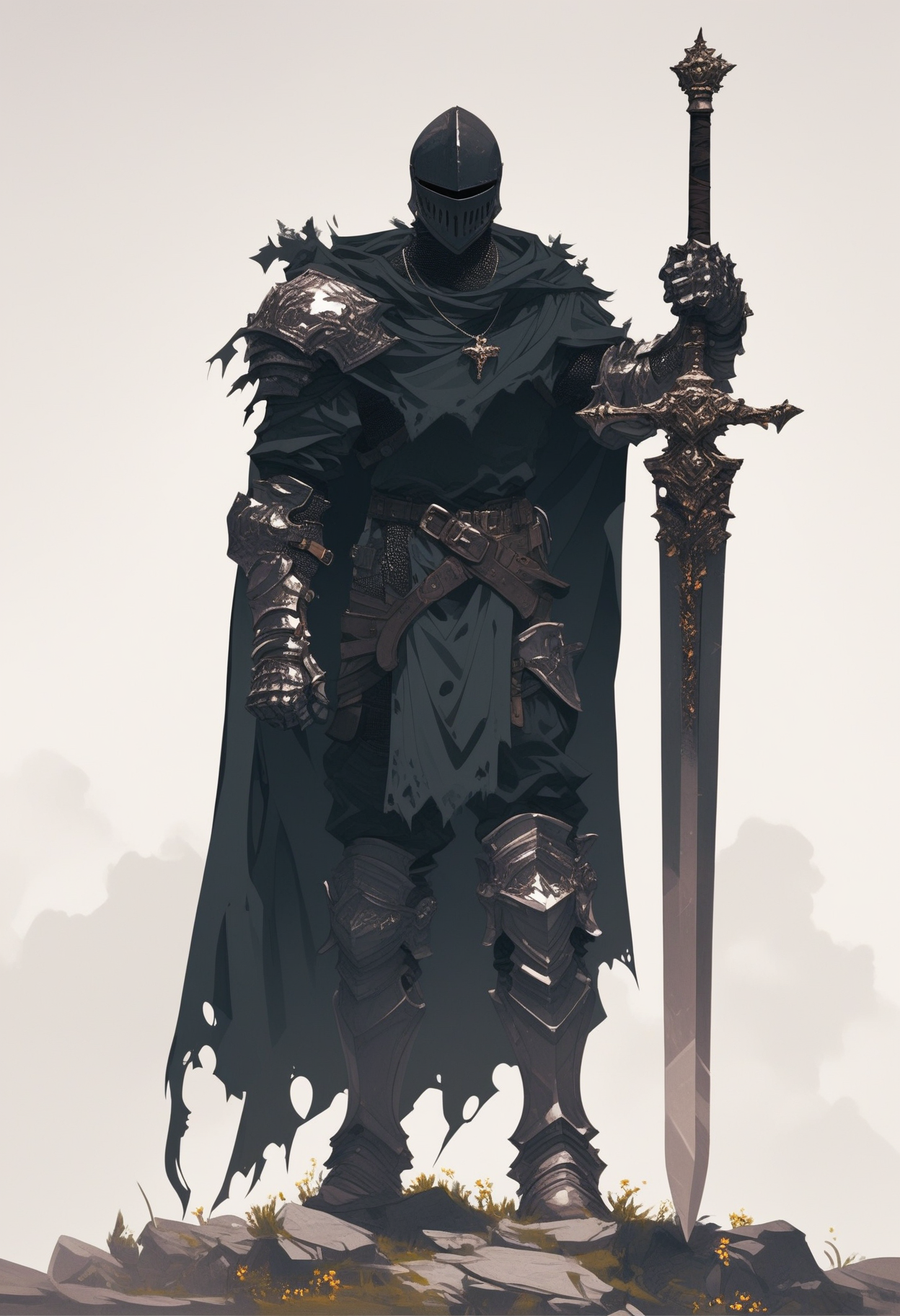 score_9, score_8_up, score_7_up, score_6_up, score_5_up, score_4_up,
 <lora:ArmorSentinelV2:1>, arm0rs3nt1n3l,
giant sword, solo, simple background, white background, 1boy, holding, jewelry, standing, full body, male focus, weapon, boots, pants, belt, hood, sword, holding weapon, necklace, cape, armor, torn clothes, holding sword, helmet, knife, shoulder armor, clenched hand, facing viewer, gauntlets, sheath, cloak, sheathed, breastplate, armored boots, fantasy, dagger, scabbard, over shoulder, greaves, huge weapon, weapon on back, weapon over shoulder, knight, full armor, black armor, torn cape, helm, greatsword, torn, sword over shoulder, torn cloak