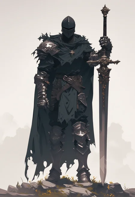 score_9, score_8_up, score_7_up, score_6_up, score_5_up, score_4_up,
<lora:ArmorSentinelV2:1>, arm0rs3nt1n3l,
giant sword, solo, simple background, white background, 1boy, holding, jewelry, standing, full body, male focus, weapon, boots, pants, belt, hood, sword, holding weapon, necklace, cape, armor, torn clothes, holding sword, helmet, knife, shoulder armor, clenched hand, facing viewer, gauntlets, sheath, cloak, sheathed, breastplate, armored boots, fantasy, dagger, scabbard, over shoulder, greaves, huge weapon, weapon on back, weapon over shoulder, knight, full armor, black armor, torn cape, helm, greatsword, torn, sword over shoulder, torn cloak