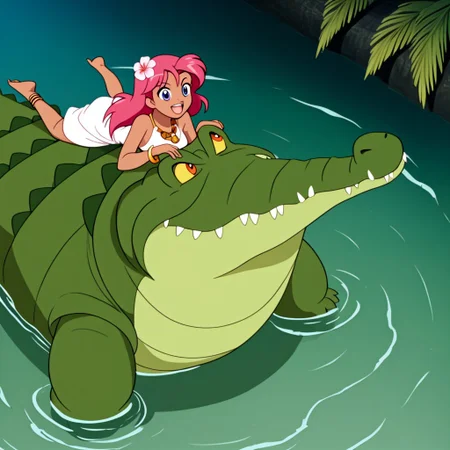 Tick tock crocodile,male animal focus,tail, crocodile open large mouth ,green skin, blue eyes, Tick Tock the crocodile is giant and very huge size,teeth, swimming in water,partially submerged,Tick Tock the crocodile looking at a young girl who she is standing on a tree branch hanging high up. Little_Girl_anime_manga,long hair,pink hair, dark-skinned female,the girl her very smal size, purple eyes, ancient tropical_clothe, chest_band,red very long_dress, jewelry, dark skin, smile, necklace,hair flower, bracelet, anklet, barefoot,open mouth,river,palm trees, jungle,view from above, Disney, waterfall,anime, manga
