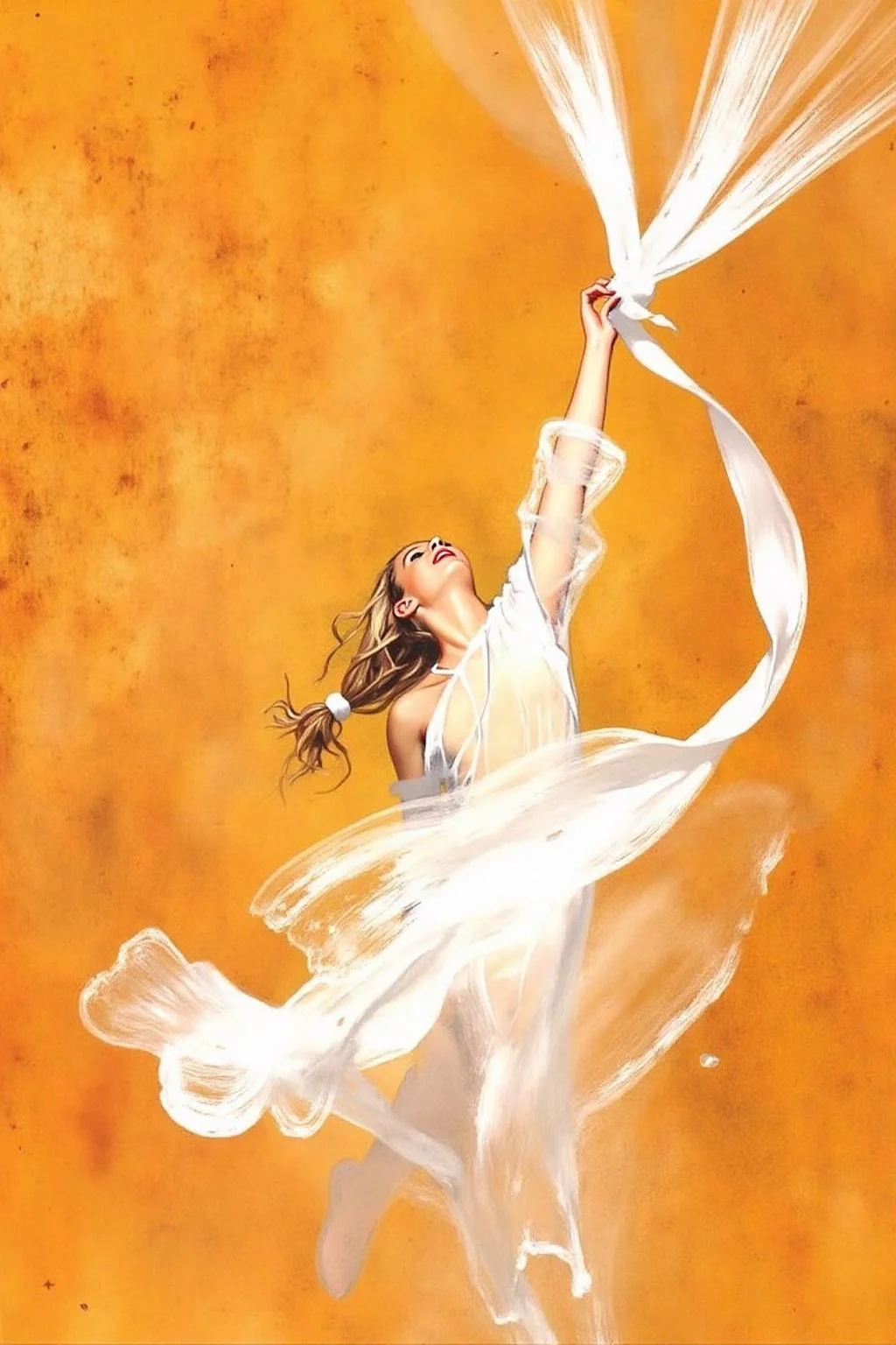 chenu1 illustration.
A captivating and expressive painting of a young woman in a flowing, translucent white garment that appears to be in motion, as though caught in the wind. She is reaching upward with a look of joy and determination, her hand gripping a radiant white ribbon or cloth that extends dynamically into the air. The background is a textured, earthy ochre tone, providing a stark contrast to the brightness of her clothing. The composition emphasizes movement and freedom, with soft, painterly strokes and a warm, uplifting atmosphere <lora:chenu2_poster_cap_d6a3:1.0><lora:822573017281571141:0>