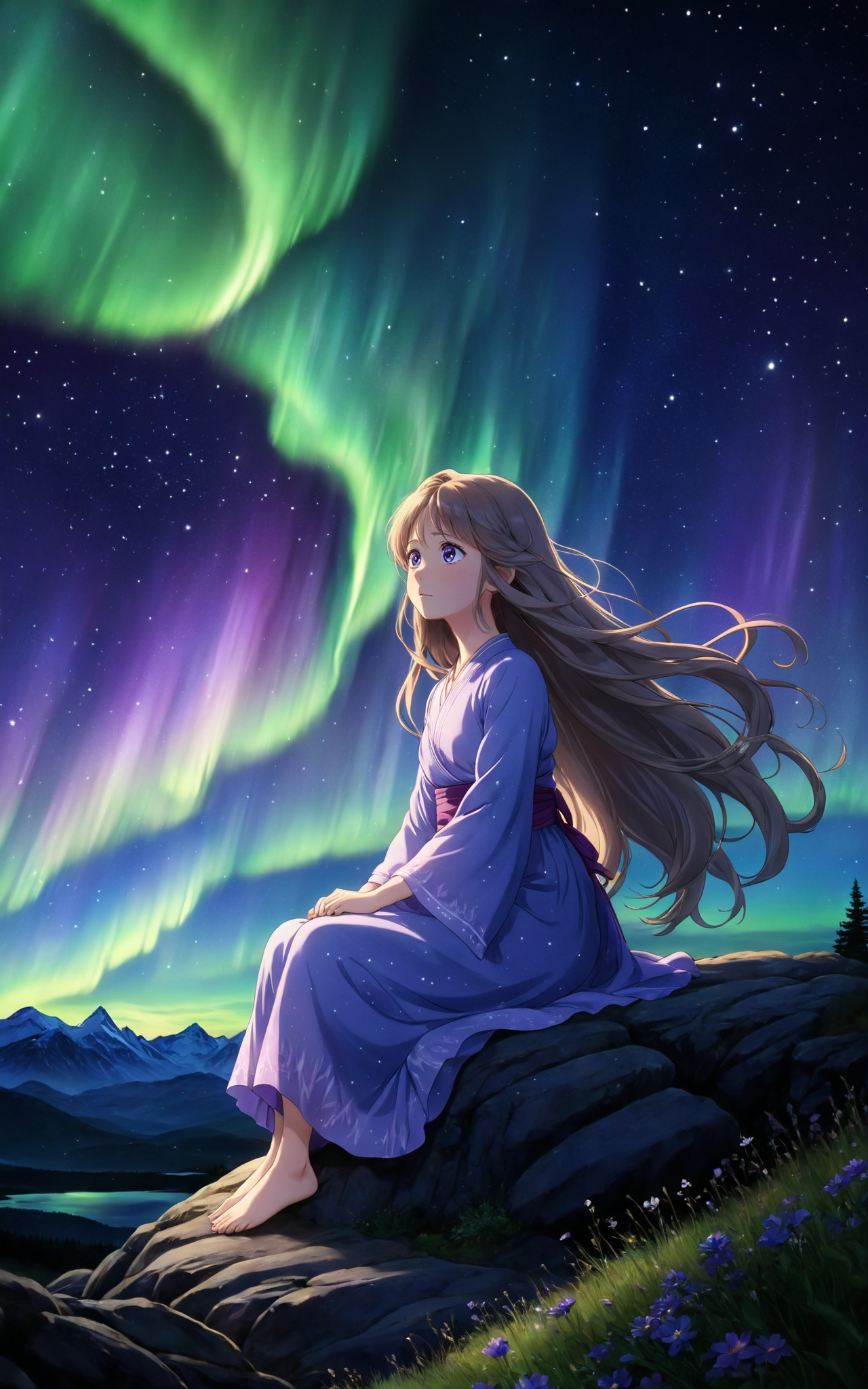 2D anime style, girl with long hair sitting in seiza,  aurora illuminating the scene, night, dark background,  deep and expressive eyes, detailed background featuring aurora borealis, vibrant purple and blue colors, highly detailed, atmospheric and emotional
