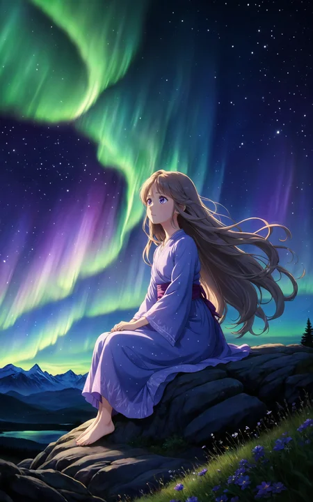 2D anime style, girl with long hair sitting in seiza,  aurora illuminating the scene, night, dark background,  deep and expressive eyes, detailed background featuring aurora borealis, vibrant purple and blue colors, highly detailed, atmospheric and emotional