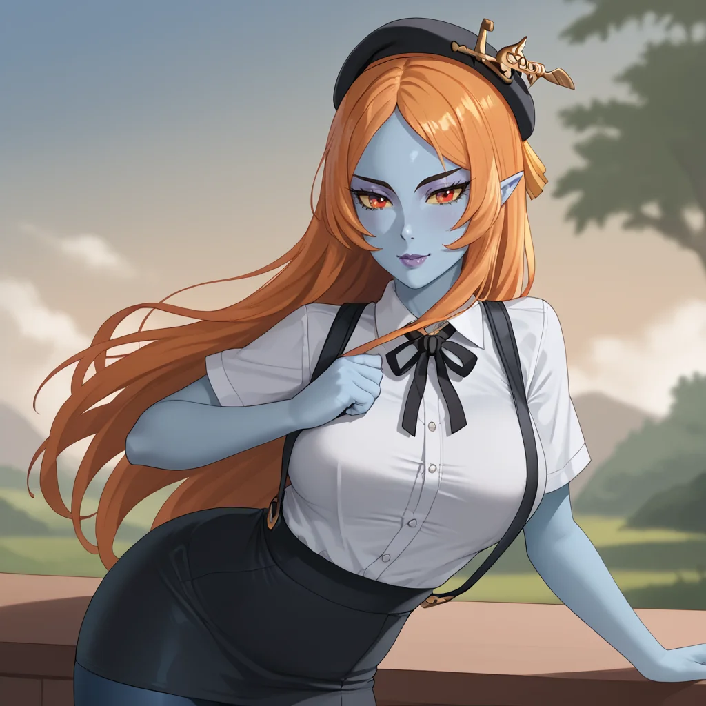 <lora:midnazelda_pony_v1:.8> midna, 1girl, solo, (blue skin:2), colored skin, yellow sclera,, orange hair, large breasts, red eyes, long hair,  purple lips,pointy ears,  cowboy shot <lora:0902 Home wear 5_v1_pony:1> ruanyi0902,beret,black ribbon,collared shirt,black pantyhose,high-waist skirt,white shirt,suspenders