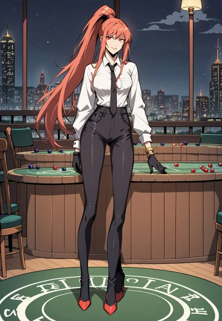 safe_pos, score_9, score_8_up, score_7_up, 1girl, night, indoor, in a casinò, full body, dynamic shot, from high, long legs standing behing a poker table, green table, solo, dynamic pose, Feng Ling, orange hair, red eyes, medium breast, long hair, ponytail, black pants, white shirt, long sleves shirt, black gilet, black neck tie, red heels, gold slim bracelets, black gloves, looking at the viewer, long legs, nice legs, white hips ultra detailed, masterpiece, <lora:add-detail-xl:1>, <lora:StS_PonyXL_Detail_Slider_v1.4_iteration_3:4>