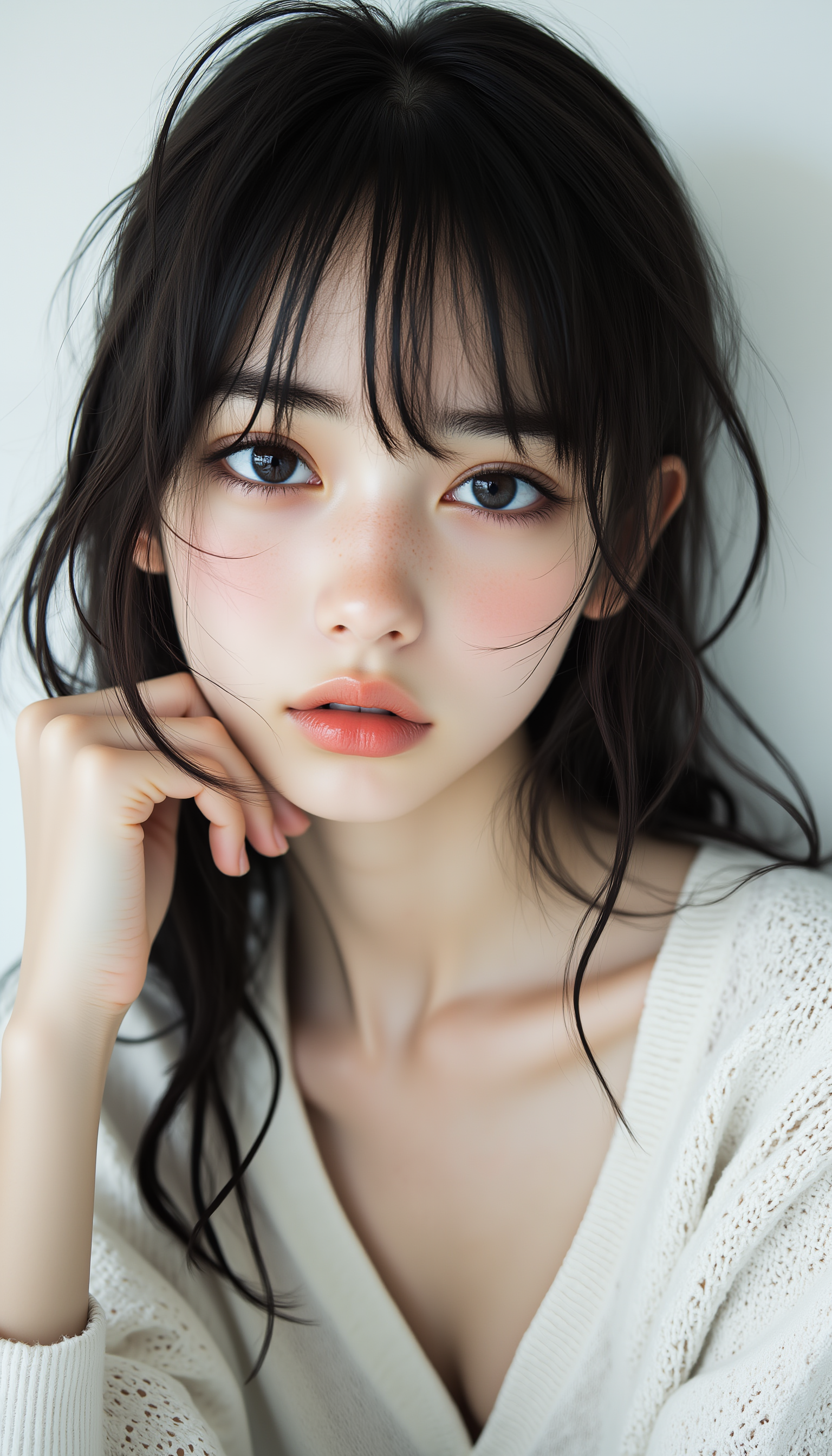 midjourney_whisper_innocent_eyes, beautiful teenage Japanese girl, expressive innocent eyes, undeniable inner strength, perfectly proportioned face, model-like features, natural beauty, minimal makeup, youthful charm, simple background, captivating gaze, understated stylish outfit, elegance and poise, <lora:midjourney_whisper_innocent_eyes_v01:1>,