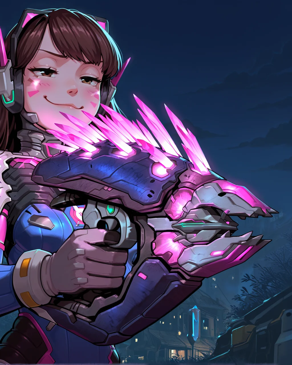 masterpiece, best quality, amazing quality, very aesthetic, absurdres, newest, needler_\(weapon\), crystals, d.va_\(overwatch\), needler_\(weapon\), crystals, 1girl, aiming, solo, ((smug)), outdoors, night,<lora:needler.safetensors:1.0:1.0>